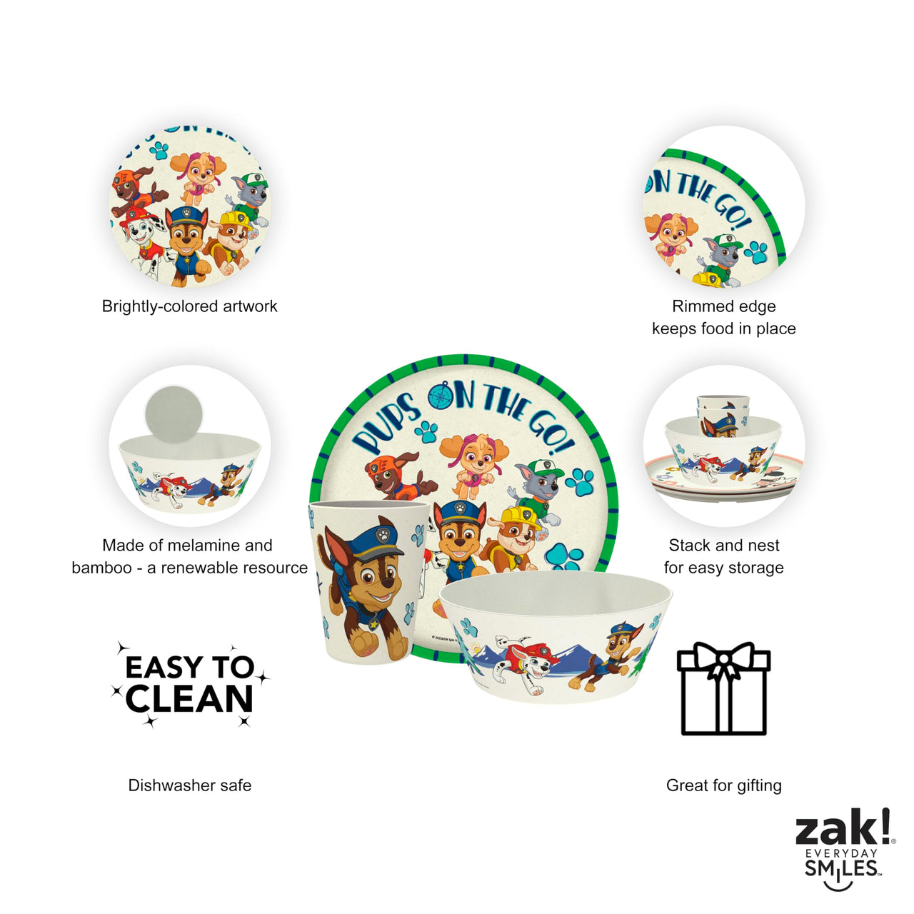 Zak Designs PAW Patrol Kids Dinnerware Set 3 Pieces, Durable and Sustainable Melamine Bamboo Plate, Bowl, and Tumbler are Perfect For Dinner Time With Family (Chase, Marshall, Skye & Friends) 8" Plate, 6" Bowl, 10oz Tumbler