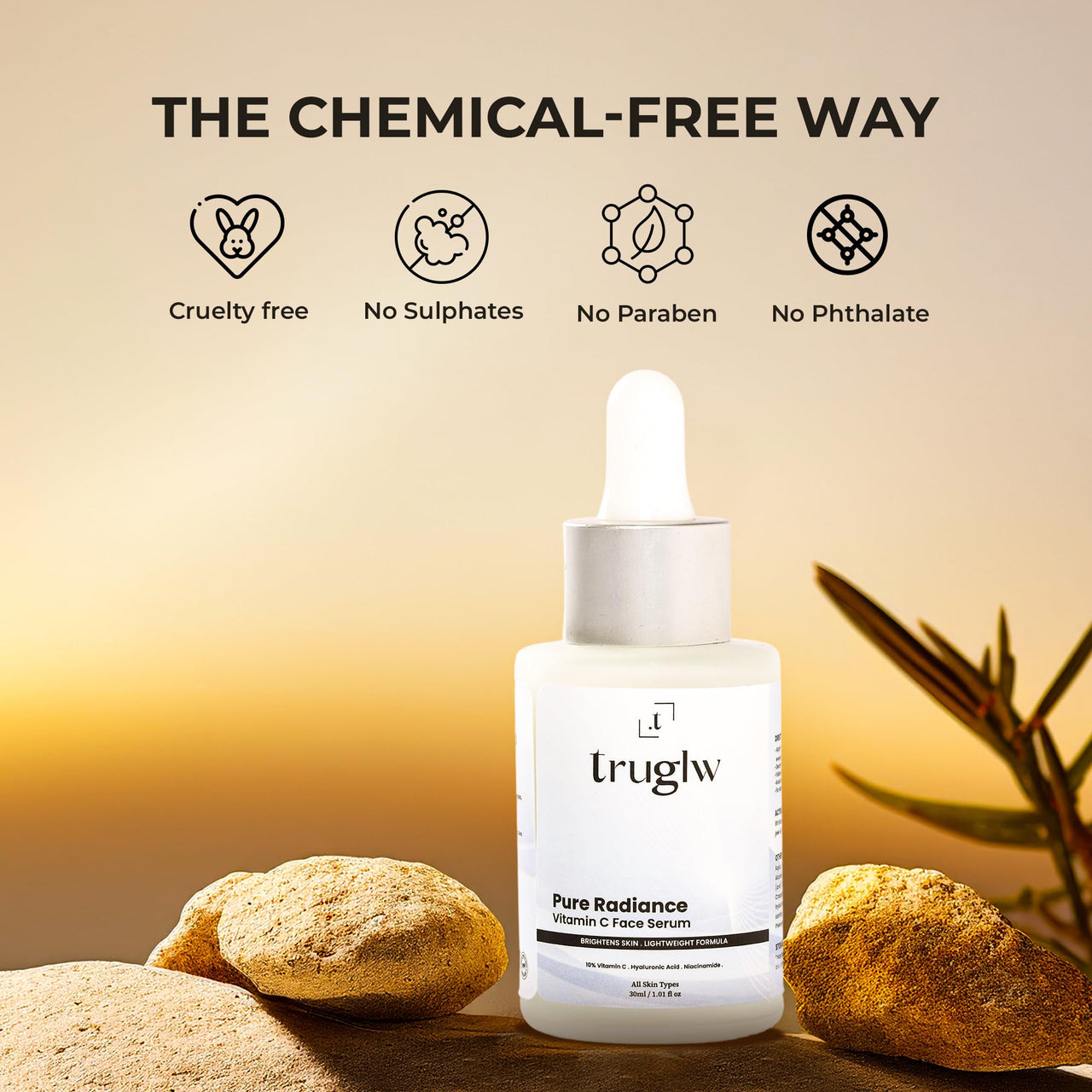 Truglw 10% Vitamin C Serum for Face, Hydrates Dry Skin with 1% Hyaluronic Acid, 5% Niacinamide, Brightens Dull Skin, Fades Dark Spots, Reduces Pigmentation, For Sensitive and Acne-Prone Skin - 30ml