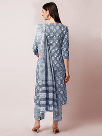 SOURBH Women's  Stylish Straight Fit Cotton Ethnic Block Motif Printed Kurta Set with Trouser Pant and Dupatta