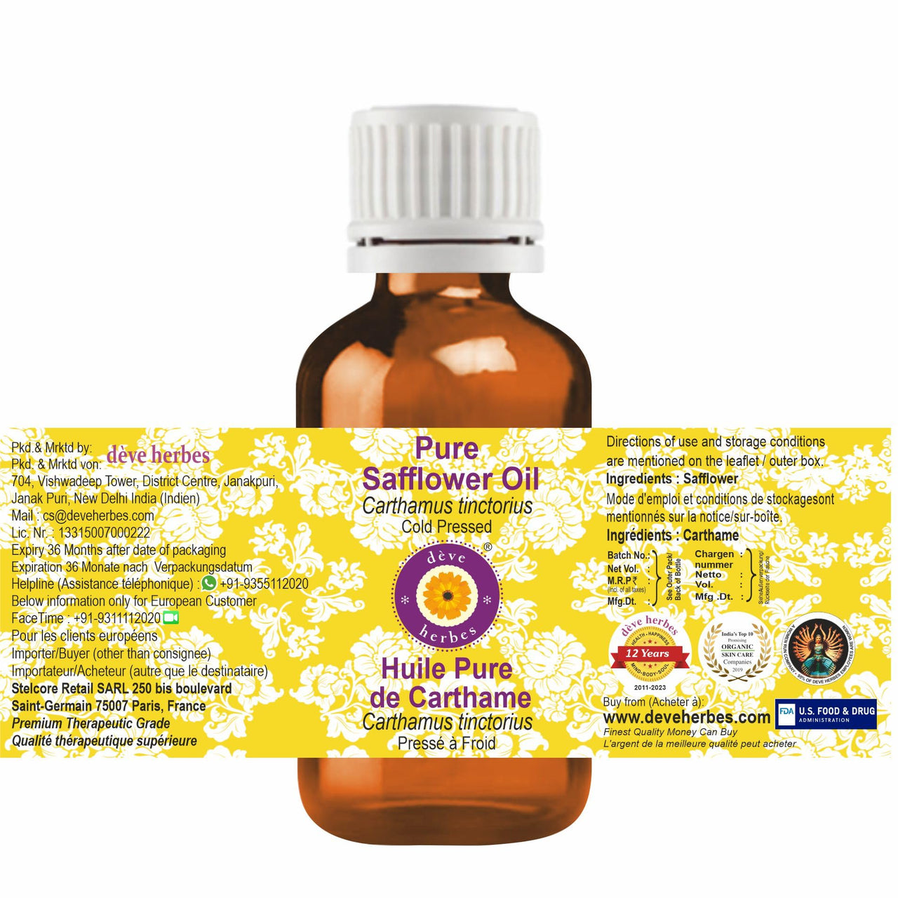 Deve Herbes Pure Safflower Oil (Carthamus tinctorius) Natural Therapeutic Grade Cold Pressed 100ml