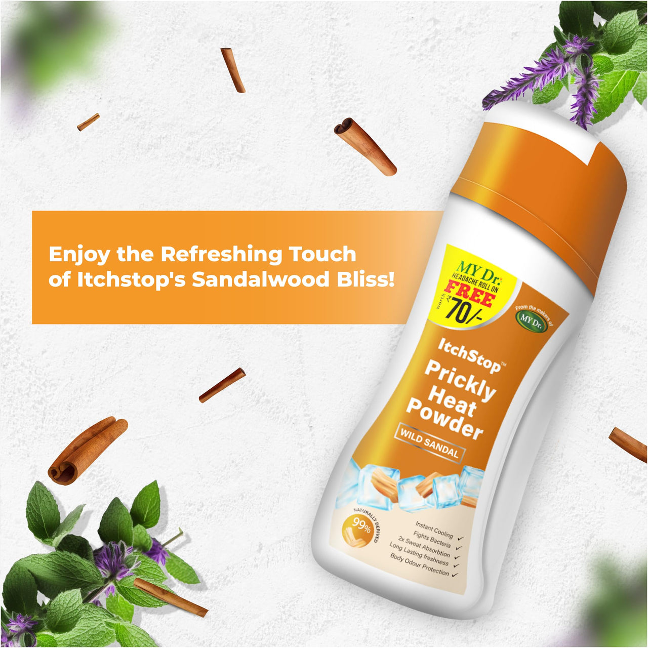 Itchstop® Prickly Heat Powder | Fast Cooling Relief from Prickly Heat, Rashes, Itching, Sunburn, Sweat, Excess Moisture, Body Odor, Skin Burning & Irritation | With Soothing Sandal | Keeps Skin Fresh, Dry & Free from Bacteria All Day | Fine-Textured Talc