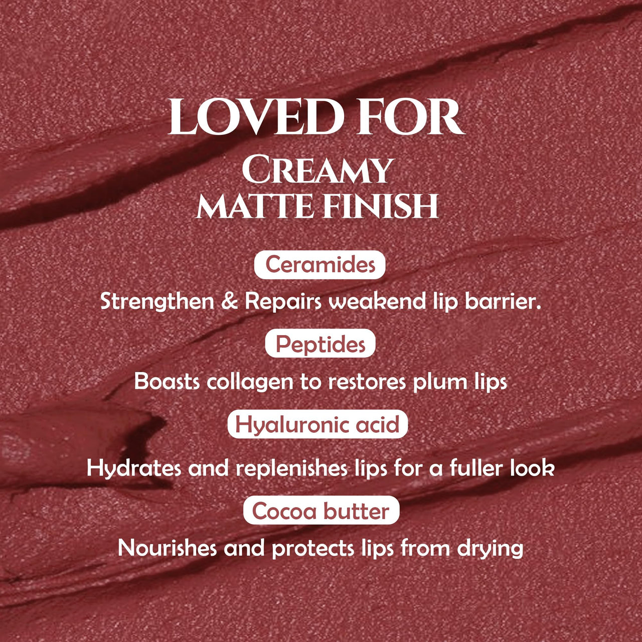 Glamveda Creamy Matte Long Lasting Lipstick with Ceramides & Peptides, Lightweight, 12 Hour Wear, Smudgeproof & Transferproof- Desire 301