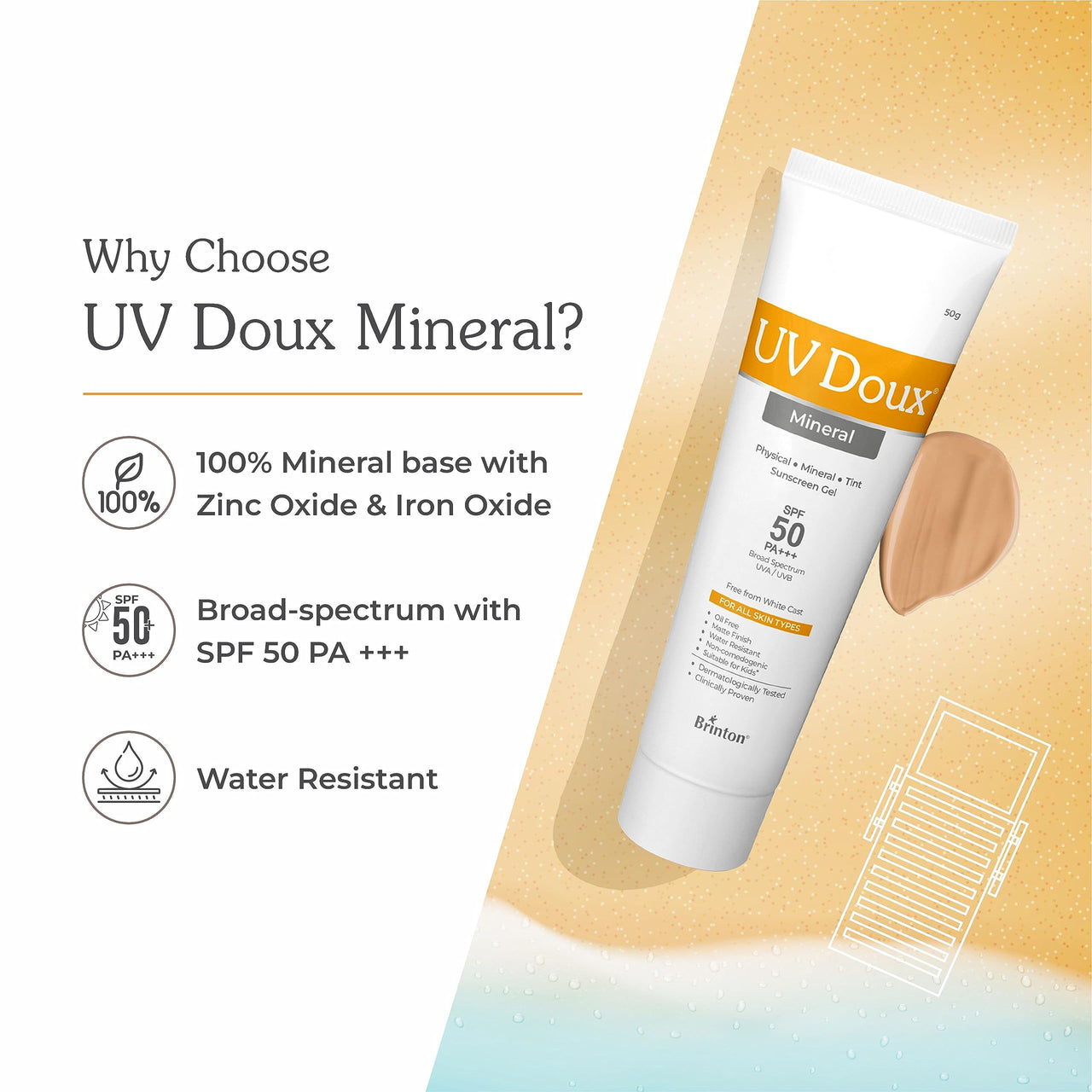 Brinton UV Doux SPF 50 PA+++ Mineral Based Sunscreen Gel Suitabe for All Skin Types With No White Cast | Tinted & Water Resistant | UVA/UVB Protection, 50g x Pack of 2
