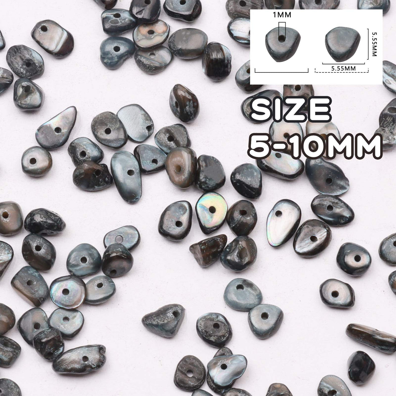 Yholin Irregular Stone Chips Beads Bulk - Hole Drilled Black Shell Chips, Crystal Tumbled Chips Stone Healing Crushed Rock Beads for DIY Craft Earring Jewelry Making and Home Decor,1 Strand