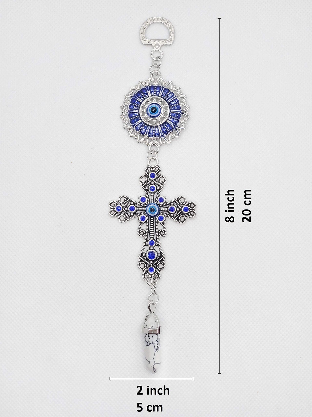 LUCKBOOSTIUM Blue Crystal Inlayed Cross & Blue Mandala Evil Eye Amulet w/Hanging Healing Stone - Nature, Energy, Rebirth, Growth Charms - Car & Home Lucky Charm Ornament (2"x8", White Turquoise)