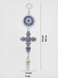 LUCKBOOSTIUM Blue Crystal Inlayed Cross & Blue Mandala Evil Eye Amulet w/Hanging Healing Stone - Nature, Energy, Rebirth, Growth Charms - Car & Home Lucky Charm Ornament (2