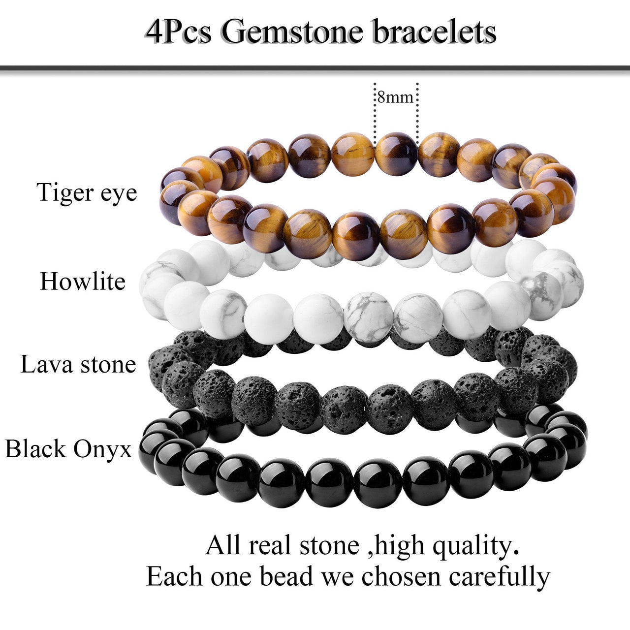WRCXSTONE Natural 8mm Gorgeous Semi-Precious Gemstones Healing Crystal Stretch Beaded Bracelet Unisex Black, White, Brown