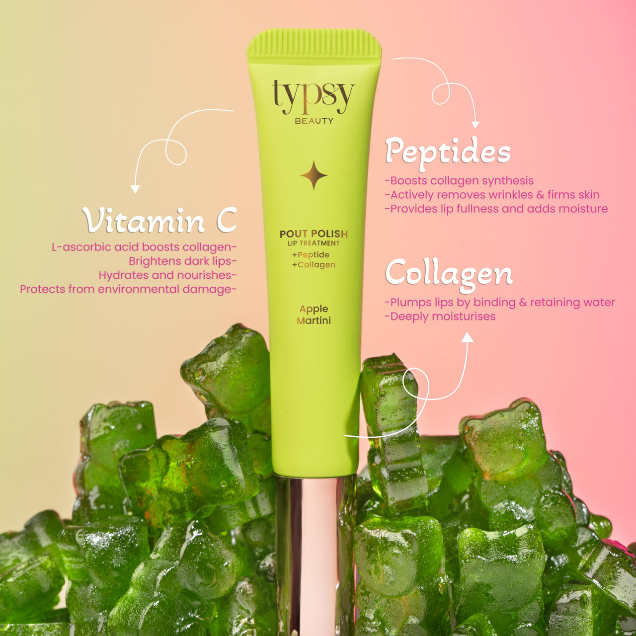 Typsy Beauty Pout Polish Lip Balm – Apple Martini | Green-to-Pink Color Changing Lip Balm with Peptides, Vitamin C & Collagen | Hydrates, Brightens & Plumps Lips | 8g
