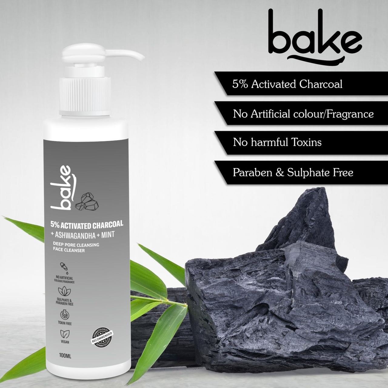 BAKE 5% Activated Charcoal Face Wash with Mint & Ashwagandha | Deep Pore Cleansing Face Cleanser | For Oily, Combination & Acne Prone Skin | 100ml