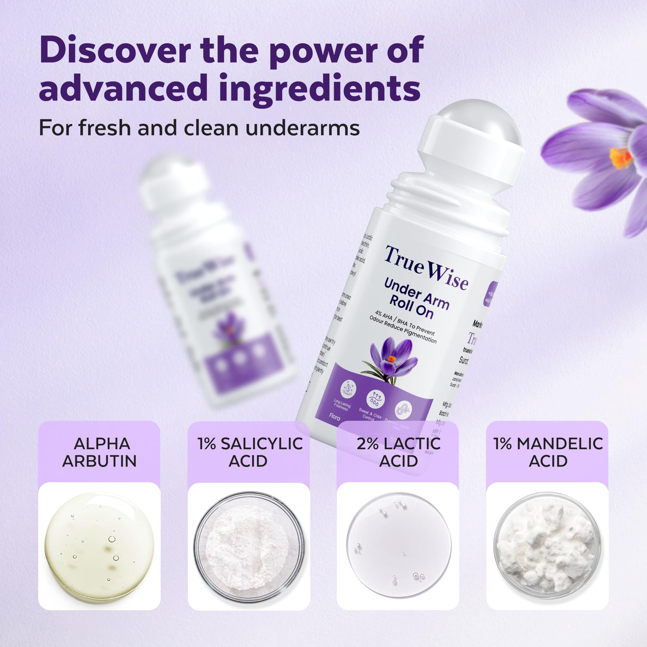TrueWise® Underarm Roll On 50ml | 4% Aha Bha,2% Lactic Acid, 1% Mandelic Acid, 1% Salicylic Acid | Controls Odour & Reduces Pigmentation | 0% Aluminium & 0% Alcohol | Long Lasting Flora Fragrance (Pack Of 2)