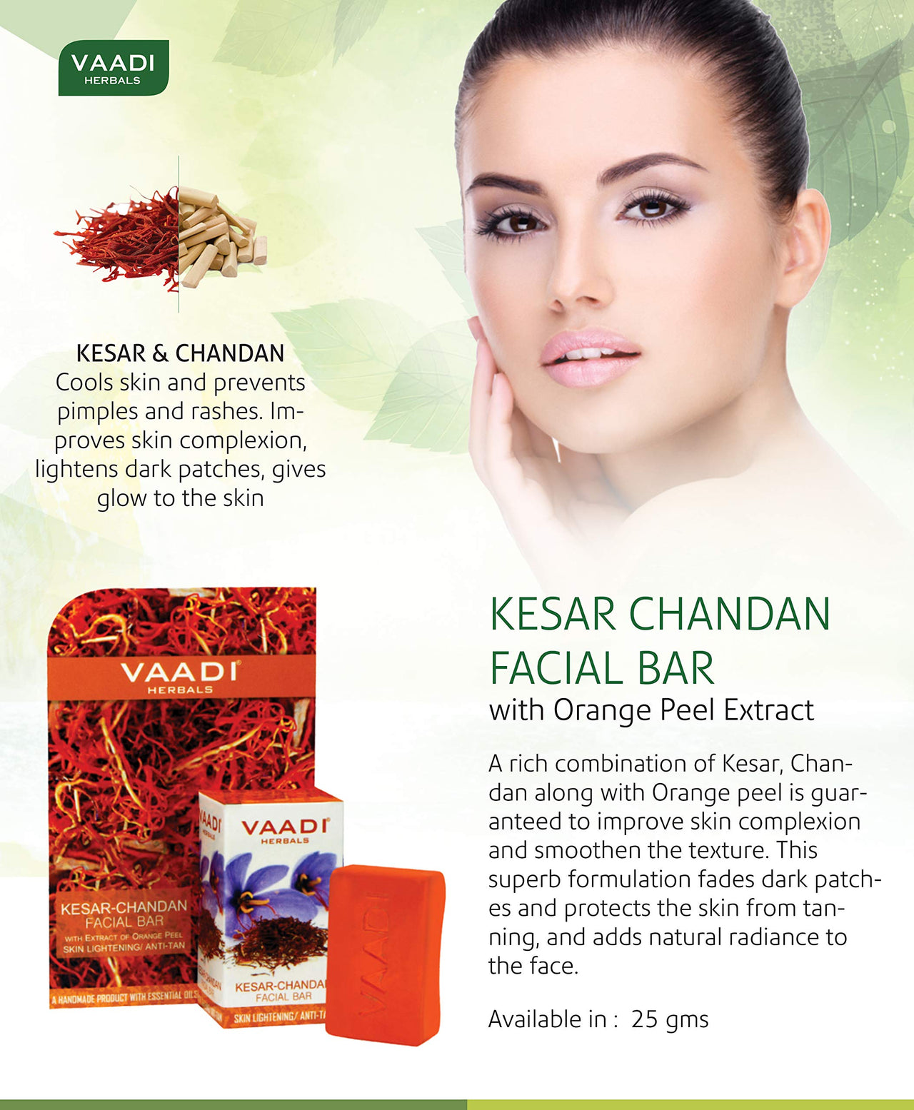 VAADI HERBALS Kesar Chandan Facial Bars With Extract Of Orange Peel, 25Gm (Pack Of 6)