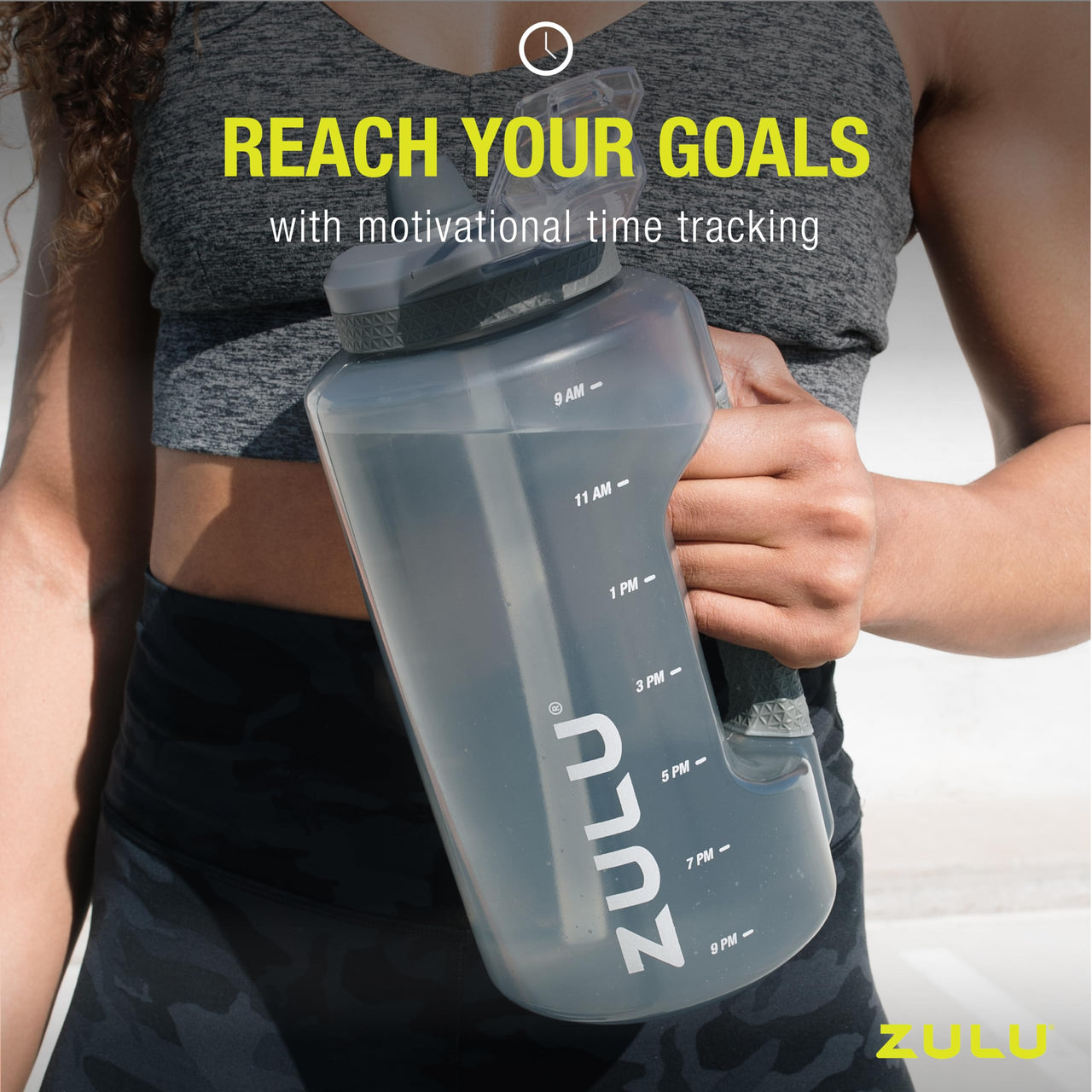 ZULU Goals 64oz Large Half Gallon Jug Water Bottle with Motivational Time Marker, Covered Straw Spout and Carrying Handle, Perfect for Gym, Home, and Sports Grey Plastic