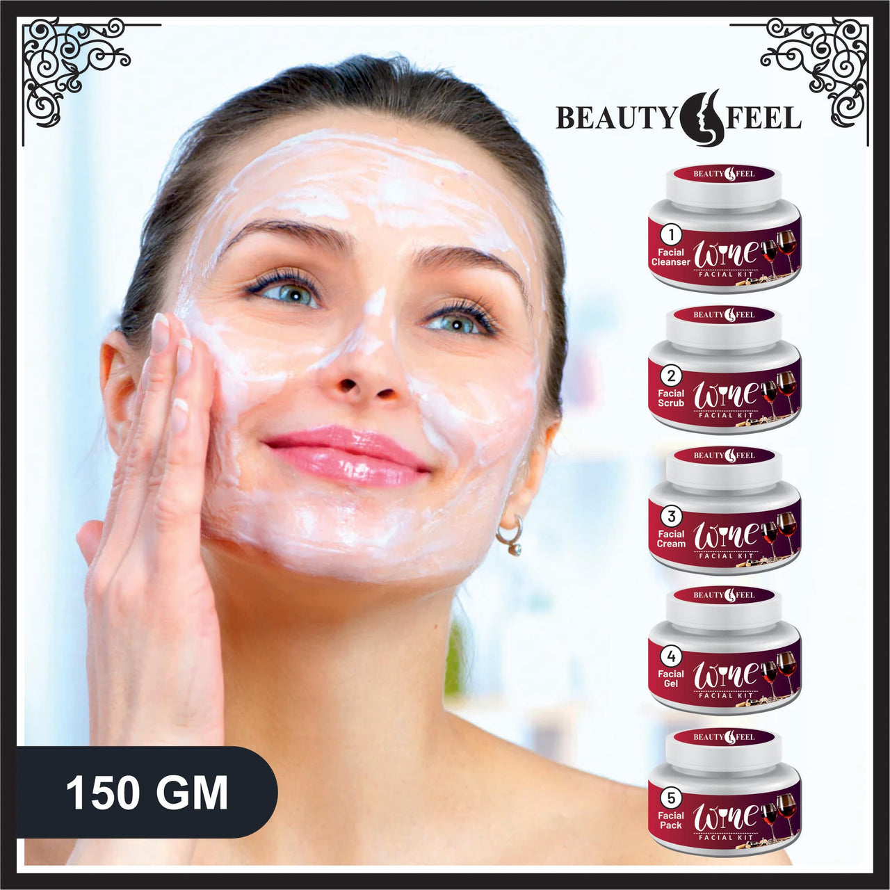 Beauty Feel Professional Red Wine Facial Kit For Facial, Cleanser + Scrub + Massage Cream + Facial Gel + Face Pack [Set of 5] 180 gm