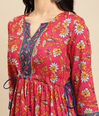 rangita Women Rayon Floral Printed Calf Length Tiered Kurti with Contrast Placket and Side Tie Ups