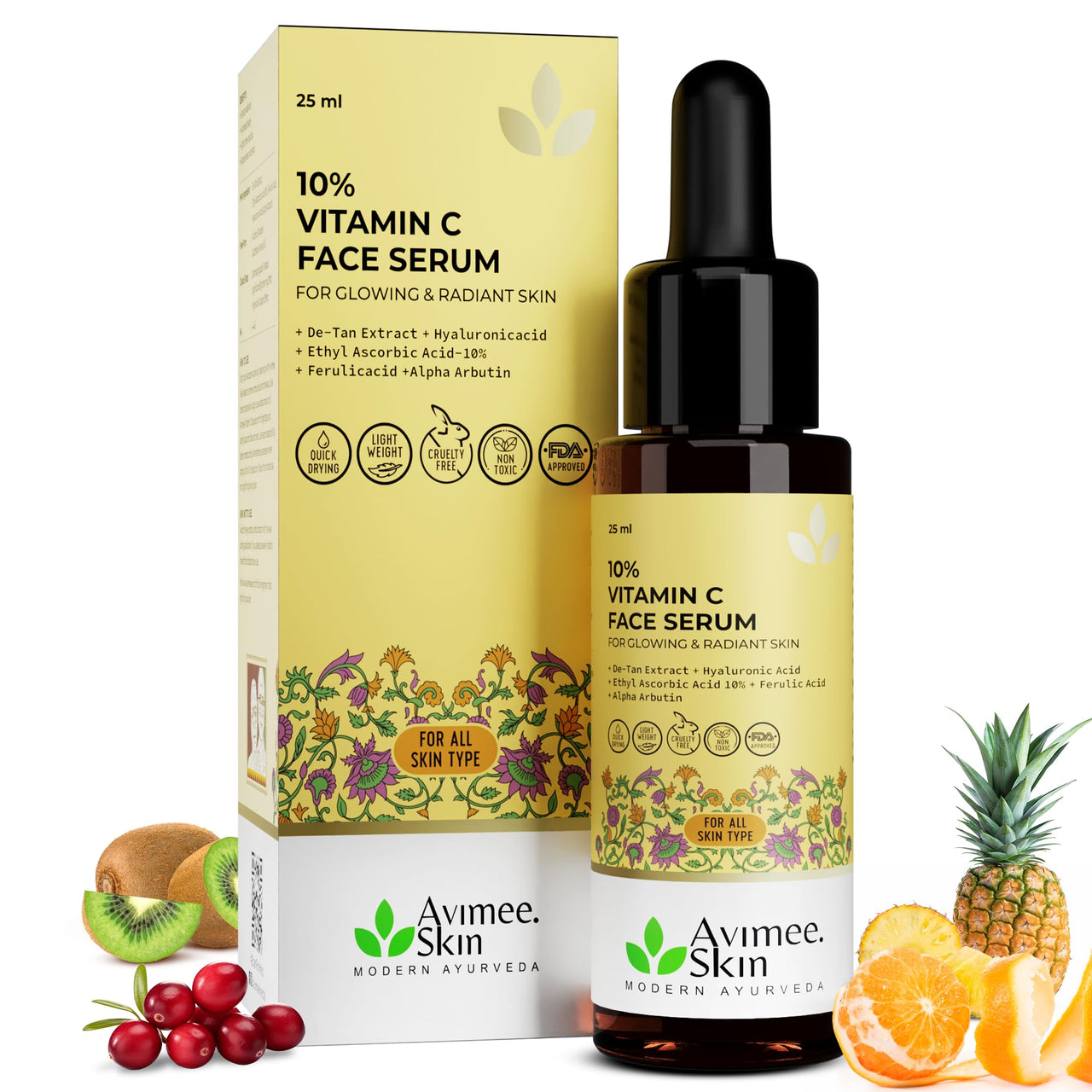 Avimee Herbal 10% Vitamin C Face Serum with Hyaluronic Acid for Glowing Skin | Non Irritating, Safe for Sensitive Skin | Non Sticky | Clinically Proven Formula | For Men and Women | 25 mL