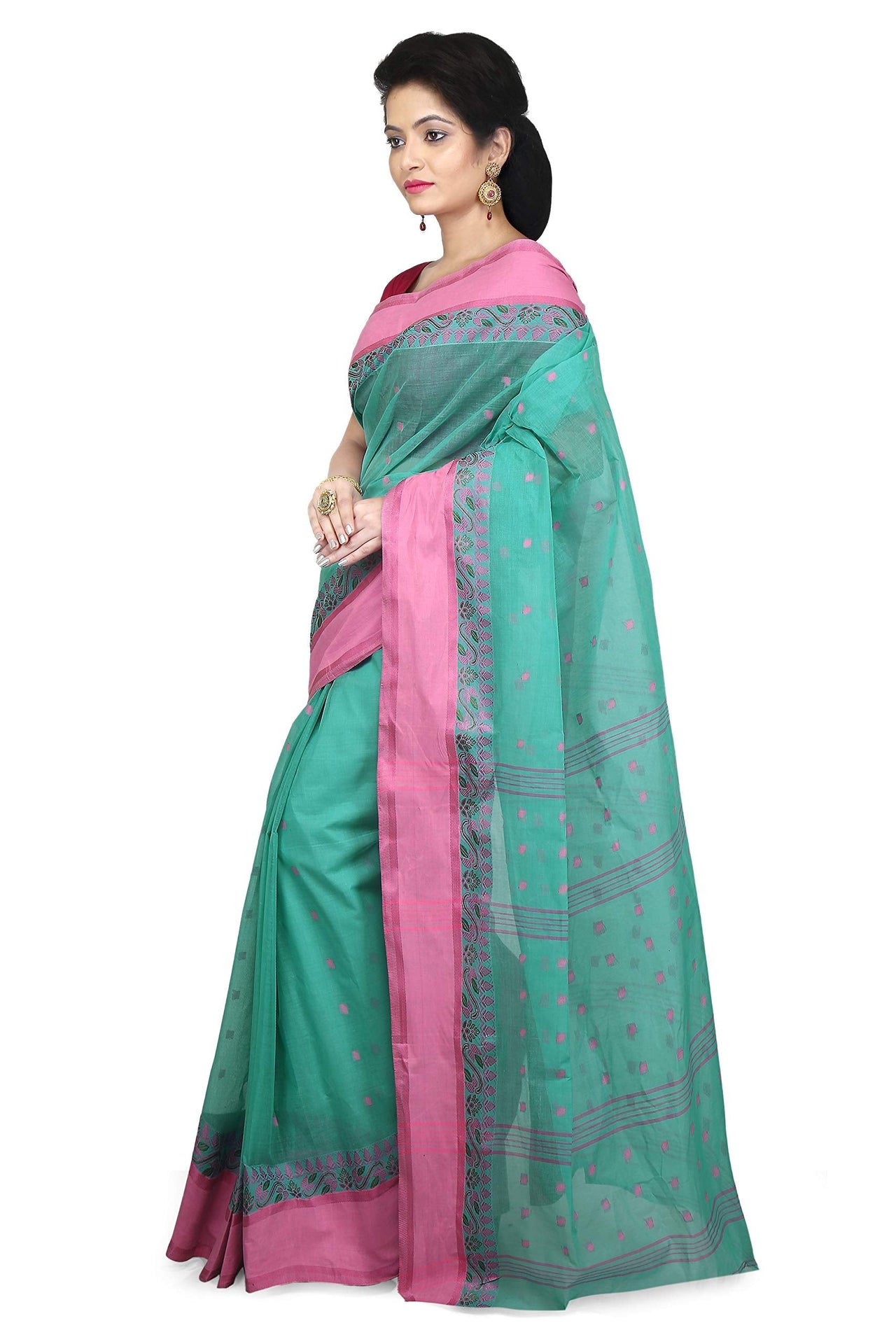 WoodenTant Women's  Handloom Cotton Tant Saree with Buti Work without blouse piece
