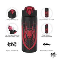 Zak Designs Marvel Spider-Man Water Bottle for Travel and At Home, 19 oz Vacuum Insulated Stainless Steel with Locking Spout Cover, Built-In Carrying Loop, Leak-Proof Design (Miles Morales)
