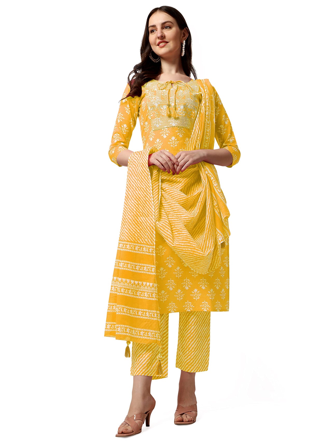 SOURBH Women's  Stylish Straight Fit Cotton Ethnic Block Motif Printed Kurta Set with Trouser Pant and Dupatta