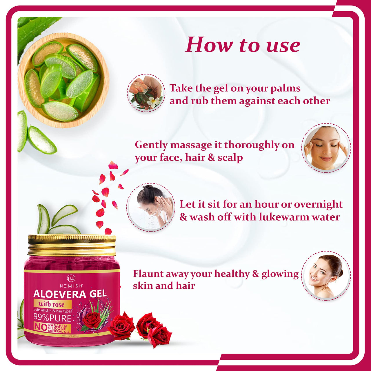 Newish 99% Pure Aloe Vera Gel with Rose for Face & Skin Care - 200 GM