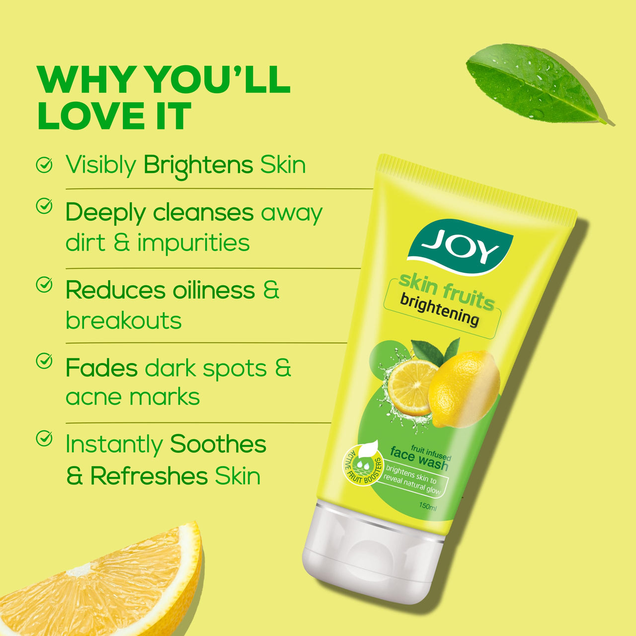 Joy Skin Fruits Lemon Brightening Face Wash 100ml x2 | with Vitamin C for Glowing Skin | Reduces Dark Spots, Removes Excess Oil & Dirt | For Normal to Oily Skin
