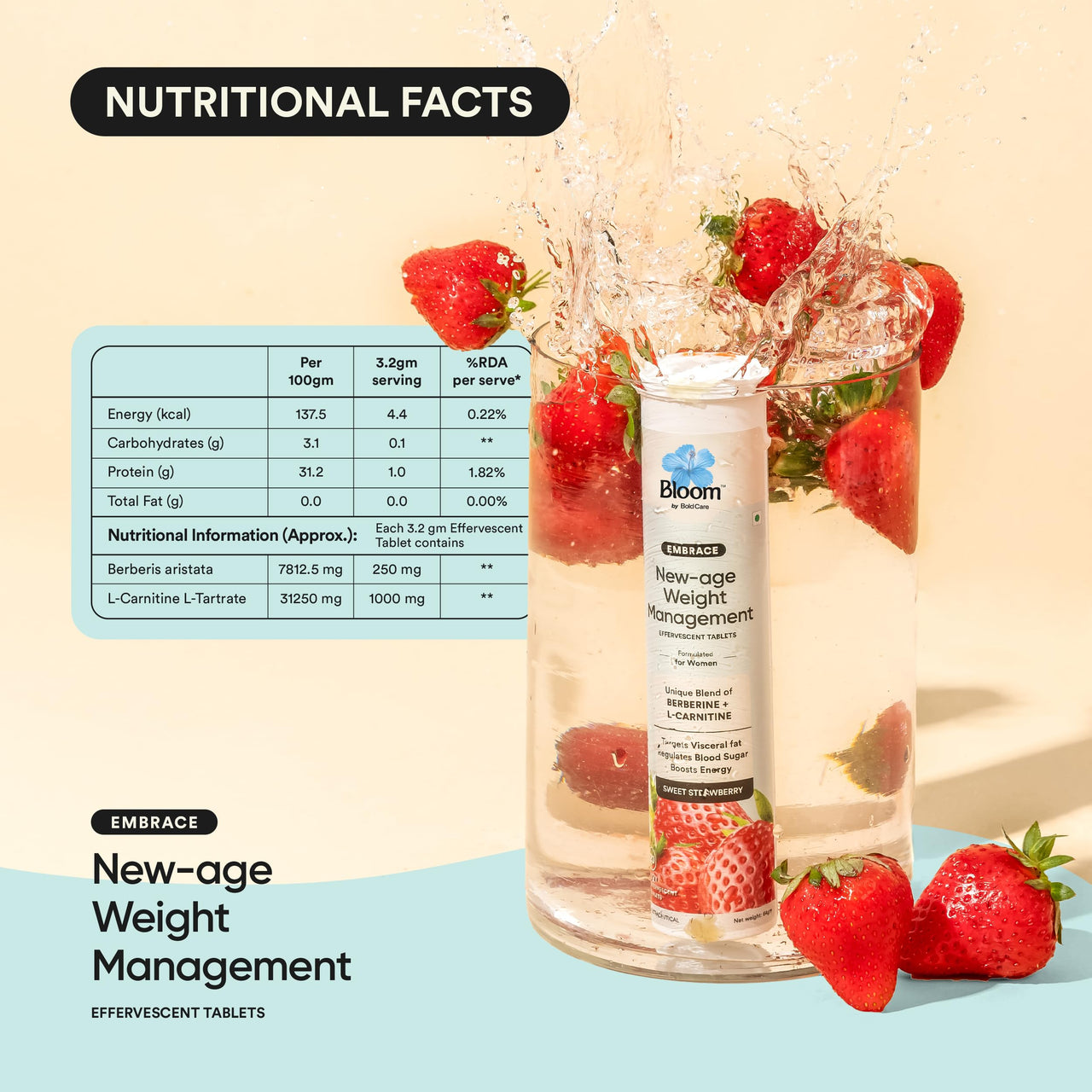 Bloom Berberine + L-Carnitine Effervescent Tablets | 60 Effervescent Tablets (Pack of 3) | Natural Formula for Weight Management | Turns Fat into Active Energy | Strawberry Flavour