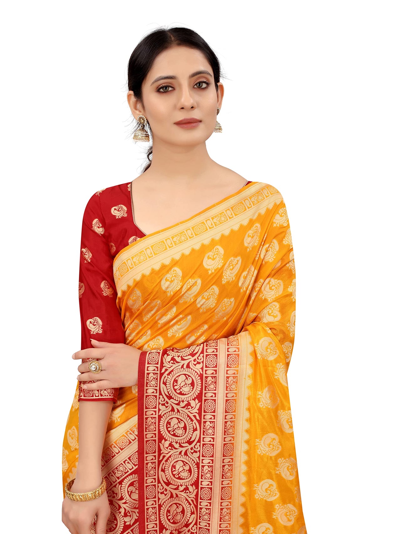 SATYAM WEAVES Women’s Daily/Party/Wedding/Casual Wear Rapier Jacquard Banarasi Cotton Silk Saree With Jacquard Designed Unstitched Blouse Piece