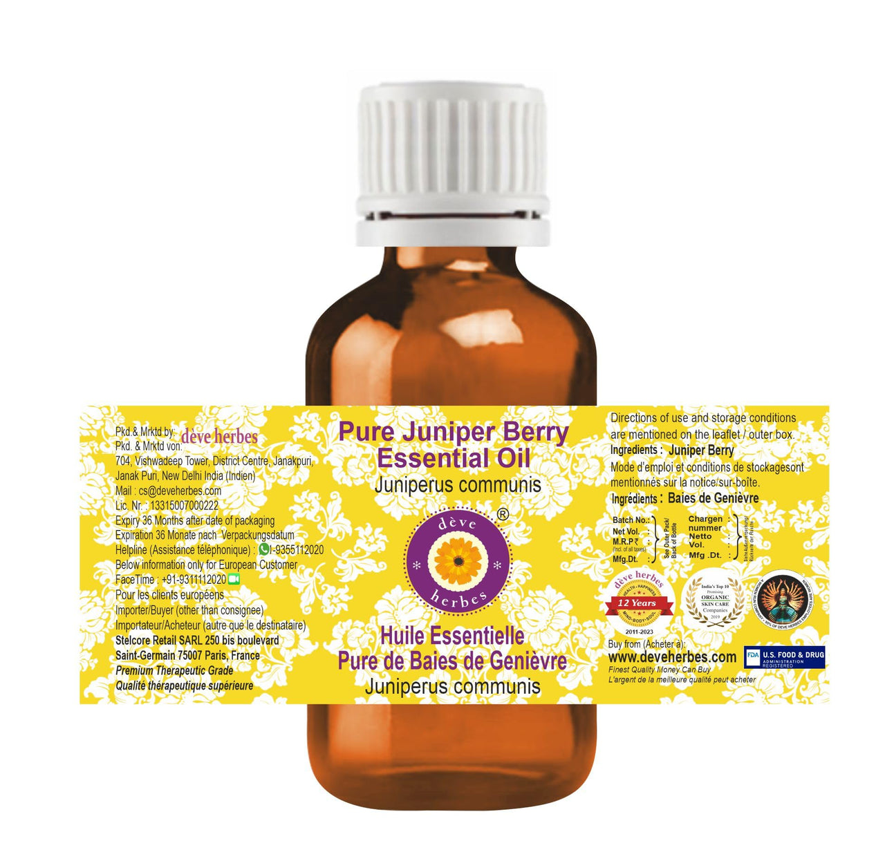 Deve Herbes Pure Juniper Berry Essential Oil (Juniperus communis) Steam Distilled 30ml