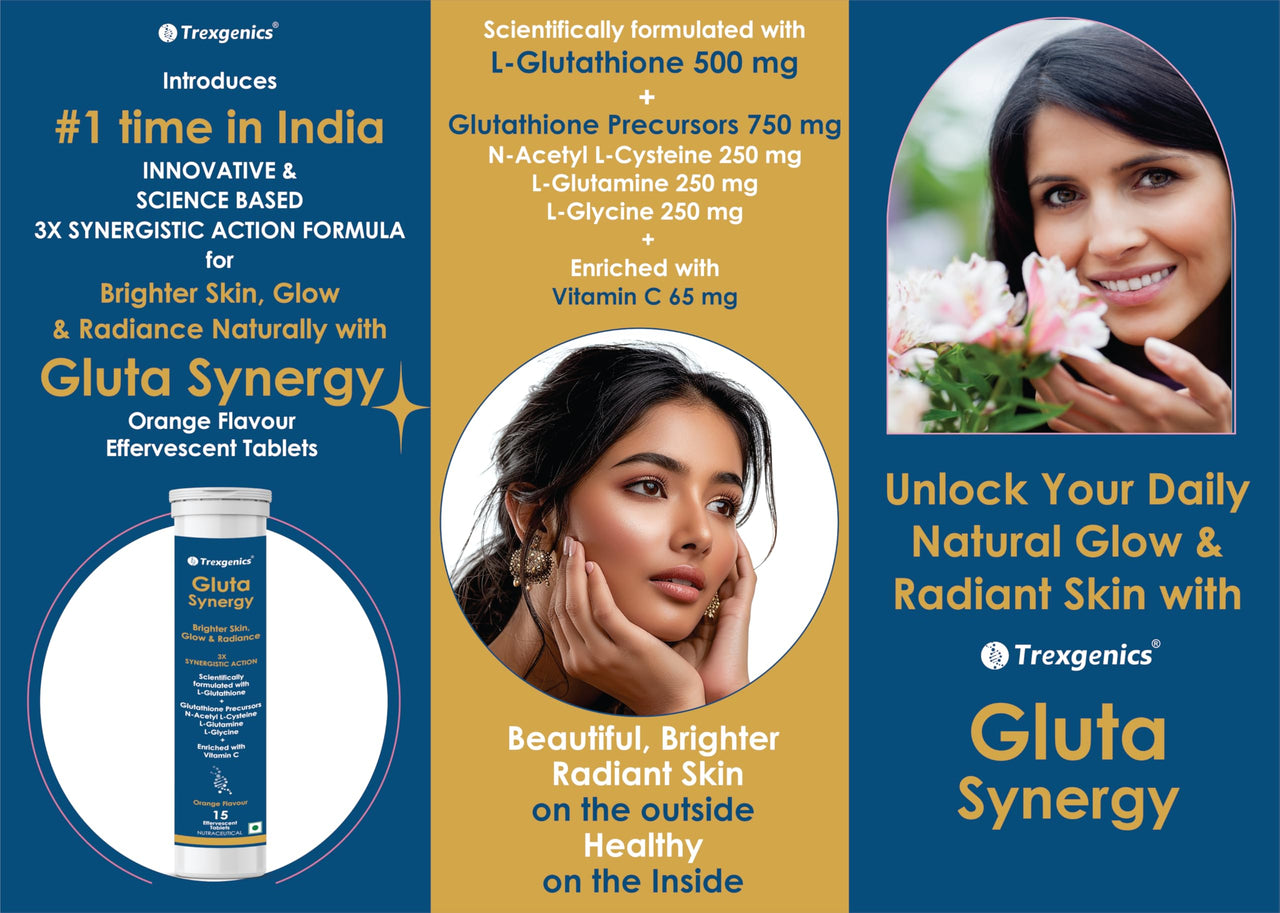 Trexgenics GLUTA SYNERGY L-Glutathione 500 mg + Glutathione Precursors 750 mg as N-Acetyl Cysteine, Glycine & Glutamine + Vitamin C Skin Glow, Radiance (2 Pack x 15 =30 Effervescent Tablets , Orange flavour