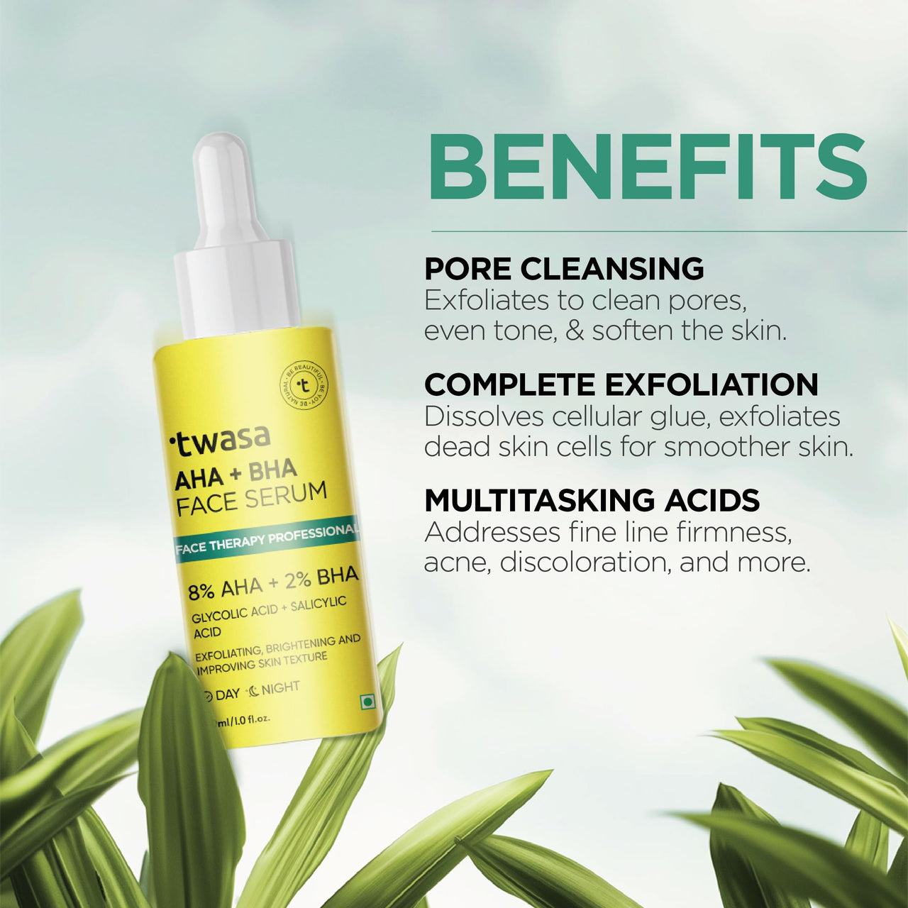 Twasa 8% AHA + 2% BHA Exfoliating Face Serum For Reduces Excess Oil, Fights Acne | Skin Renewal, Improved Skin Texture, Brightening & Even Skin Tone, Men & Women | 30ml
