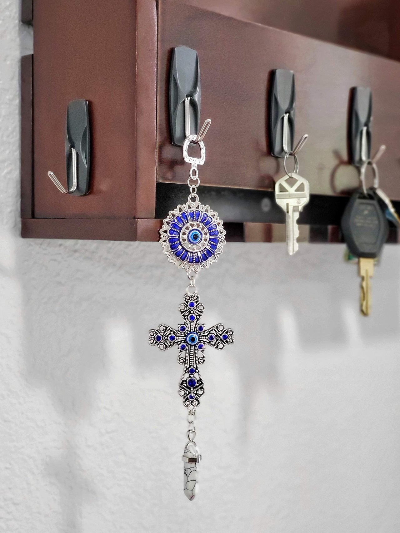 LUCKBOOSTIUM Blue Crystal Inlayed Cross & Blue Mandala Evil Eye Amulet w/Hanging Healing Stone - Nature, Energy, Rebirth, Growth Charms - Car & Home Lucky Charm Ornament (2"x8", White Turquoise)