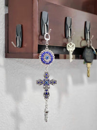 LUCKBOOSTIUM Blue Crystal Inlayed Cross & Blue Mandala Evil Eye Amulet w/Hanging Healing Stone - Nature, Energy, Rebirth, Growth Charms - Car & Home Lucky Charm Ornament (2