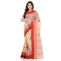 dB DESH BIDESH Women`s Traditional Bengal Phulkoli Woven Design Pure Handloom Cotton Saree Without Blouse Piece White Red