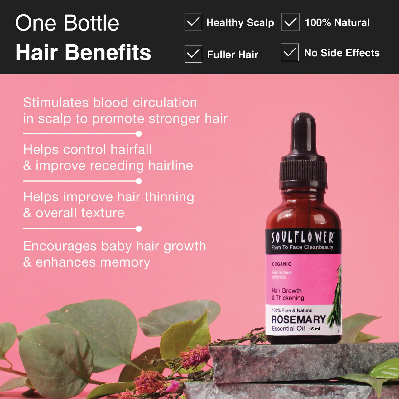 Soulflower Rosemary Essential Oil 15ml & Rosemary Lavender Hair Oil 225ml for For Healthy Hair, Scalp Nourishment, Hair Growth - Pack of 2