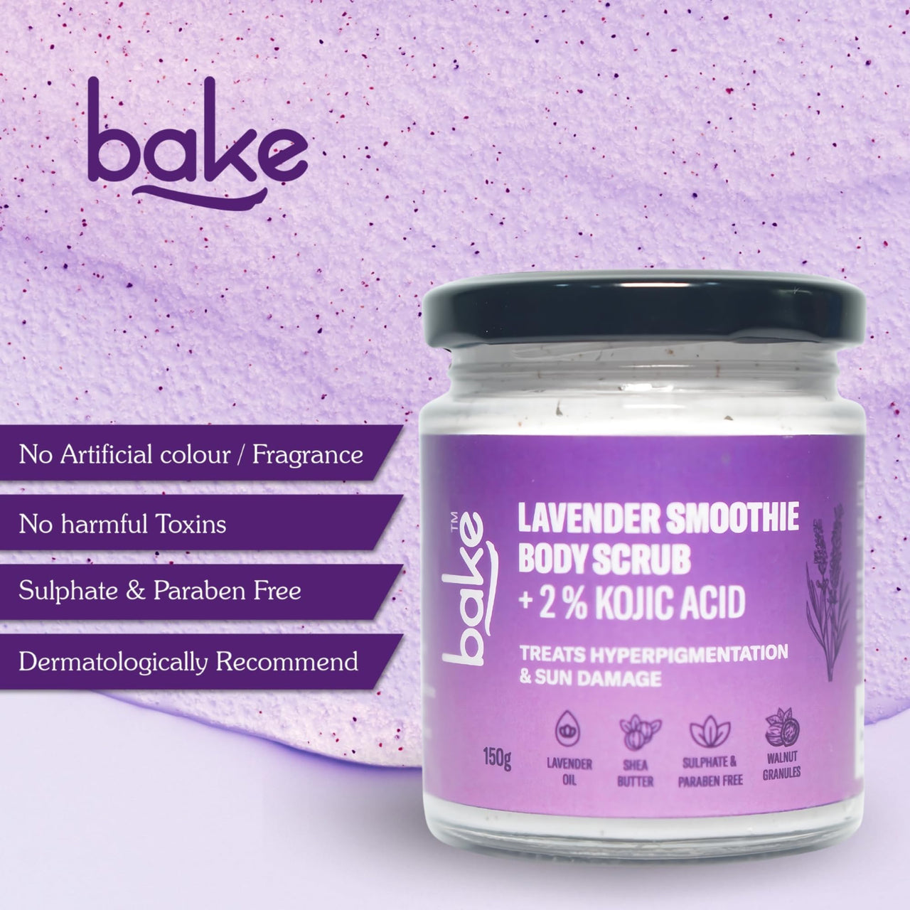 BAKE 2% Kojic Acid Lavender Smoothie Body Scrub for Women & Men | Skin Brightening, Treats Hyperpigmentation & Tan Removal | Shea Butter, Walnut Granules, Jojoba Oil | 150g