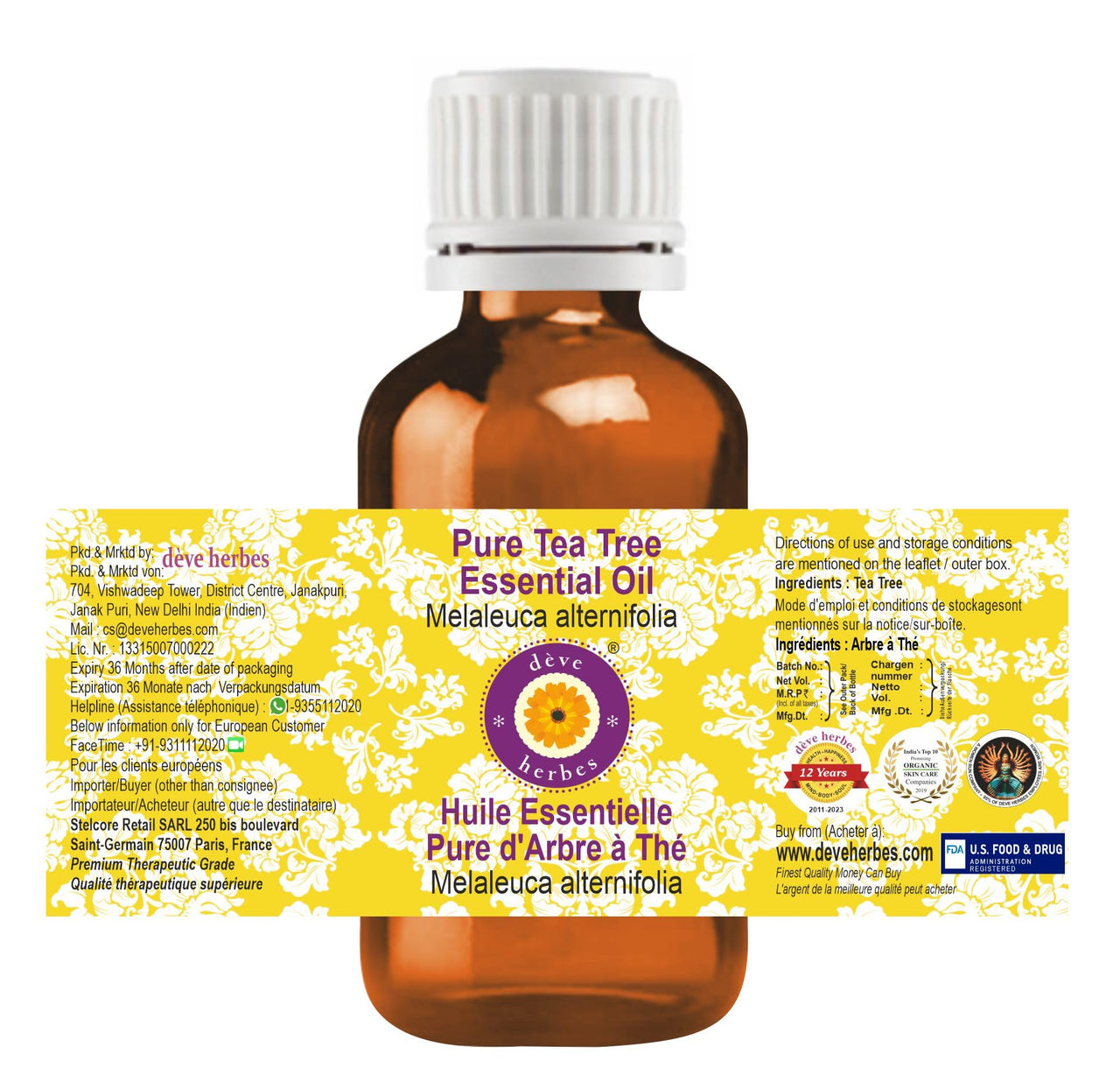 Deve Herbes Tea Tree Essential Oil (Melaleuca alternifolia) Pure | Non-Sticky | Non-greasy | Lightweight | Men & Women | All Skin Types | Steam Distilled 5ml