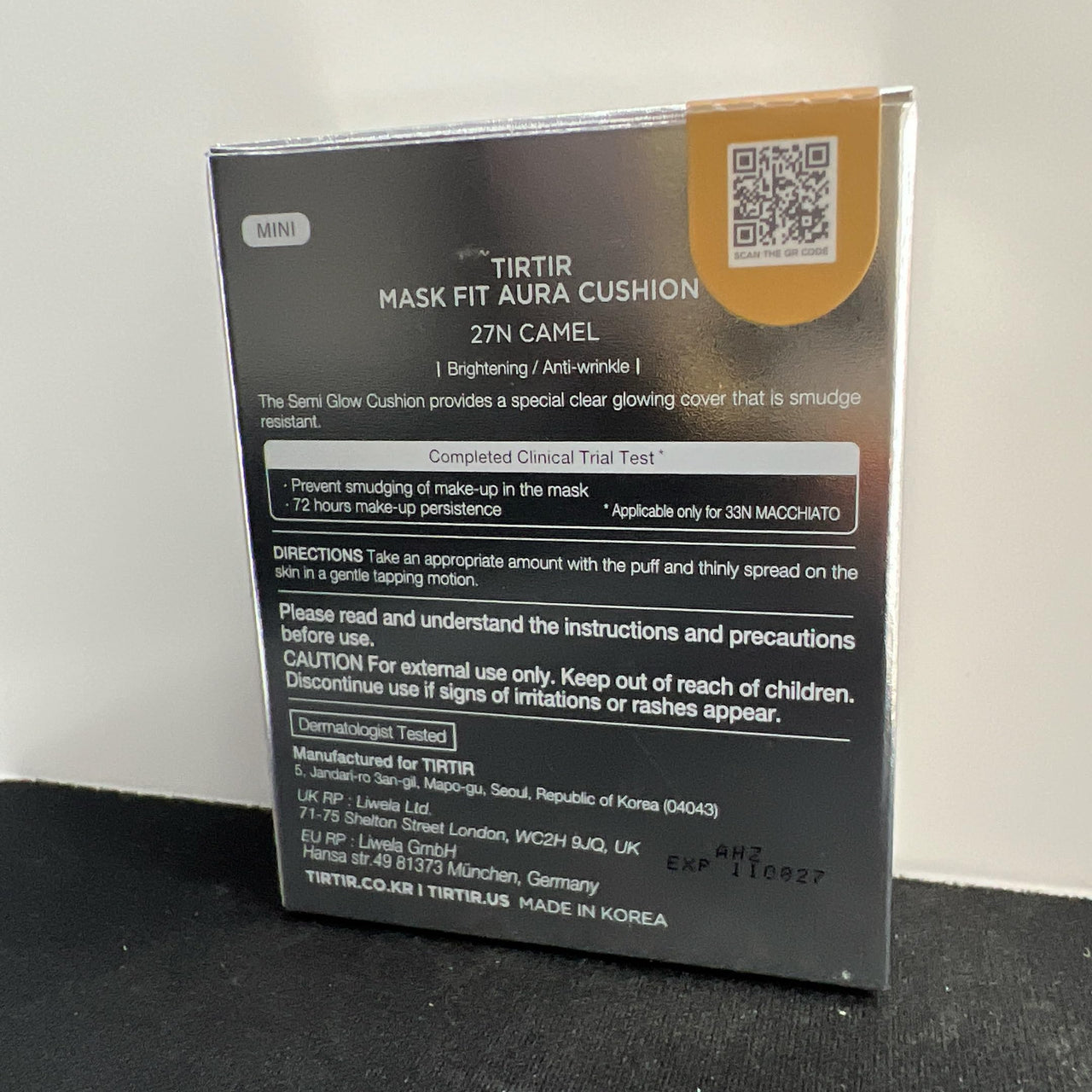 TIRTIR Mask Fit Aura Cushion Foundation, Full coverage, Skin fit, Satin Glow Finish, Korean Cushion Foundation #27N CAMEL, 4.5g