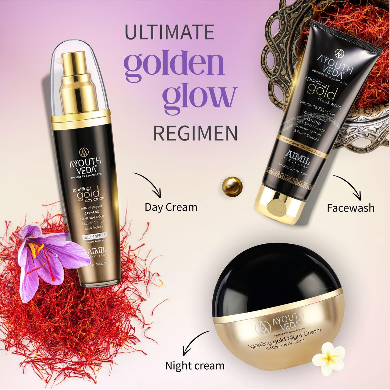 Ayouthveda Sparkling 24K Nano Elemental Gold Night Cream| Enriched with 24k Gold & Kashmiri Saffron|Reduces Fine Lines, Nourishes Skin, Improves Skin Firmness| (Luxury Packaging Pack of 1-50g)