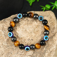 mens beaded bracelets（evil eye, tigers eye,hematite, obsidian）A handmade beaded crystal healing bracelet that can bring luck, happiness and protection(10mm elastic) 10mm elastic