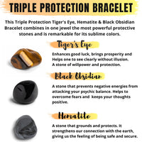 Crystal Vibe 8mm Triple Protection Bracelet - Beaded Bracelet with Natural Stones of Tiger Eye, Hematite, Black Obsidian - Elastic Adjustable Crystal Bracelet for Anxiety Relief, Spiritual Healing
