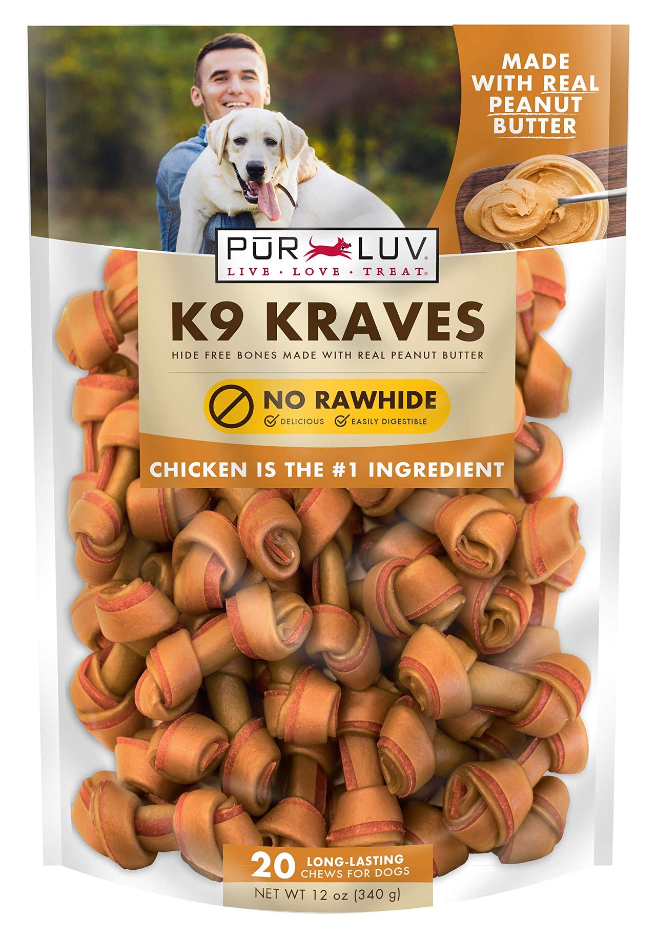 Pur Luv Dog Treats, K9 Kraves Rawhide Free Bone Dog Treat, Peanut Butter Flavor, Made with Real Peanut Butter and Chicken, 20 Count, Healthy, Easily Digestible, Long-Lasting, High Protein