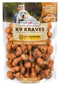 Pur Luv Dog Treats, K9 Kraves Rawhide Free Bone Dog Treat, Peanut Butter Flavor, Made with Real Peanut Butter and Chicken, 20 Count, Healthy, Easily Digestible, Long-Lasting, High Protein