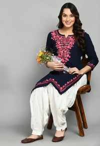 QAZMI Women's  Cotton Straight Embroidered Kurti Black L