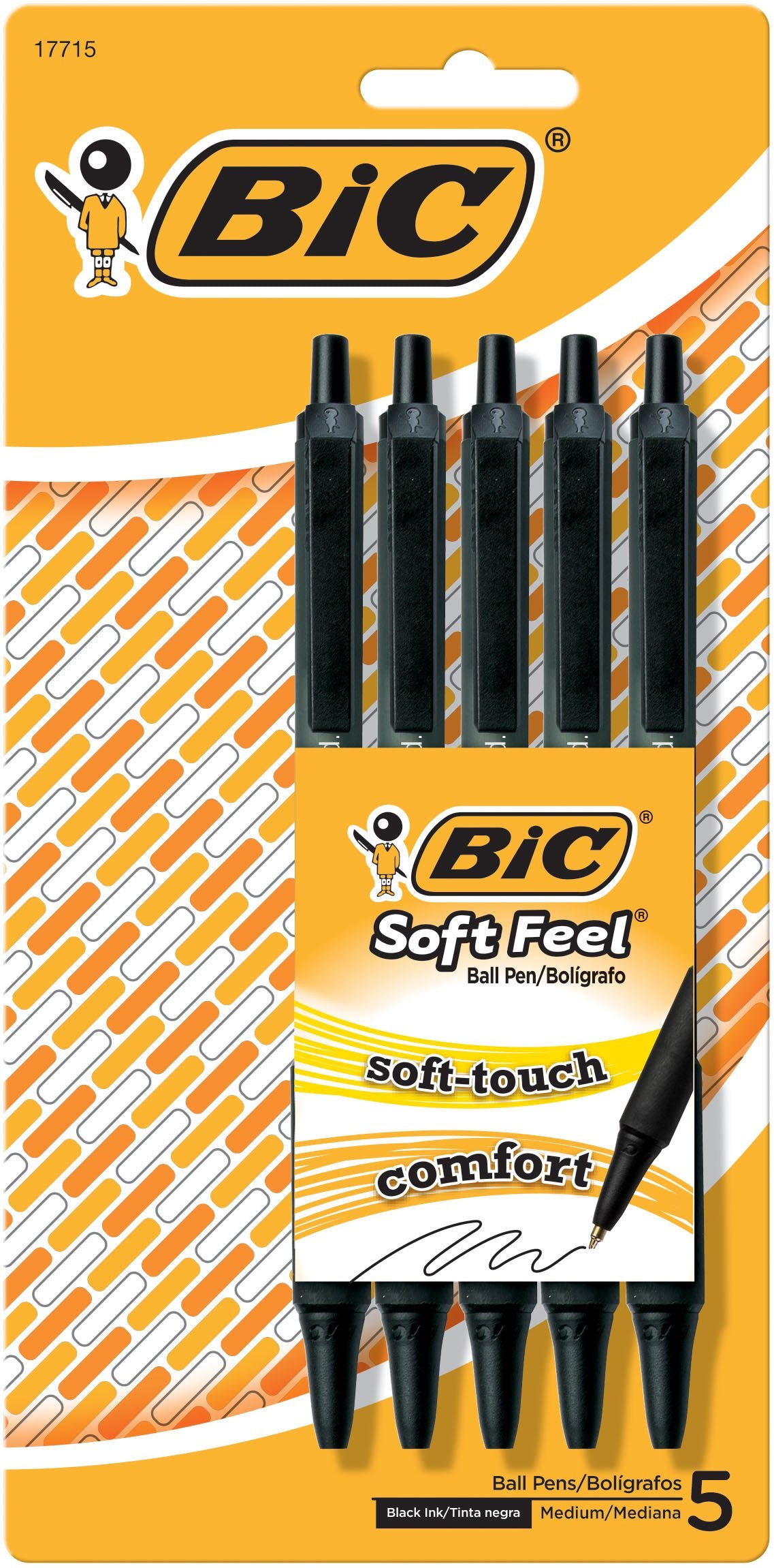 BIC Soft Feel Black Retractable Ballpoint Pens, Medium Point (1.0mm), 5-Count Pack, Black Pens With Soft-Touch Comfort Grip Black, Medium Point 5 Count (Pack of 1)