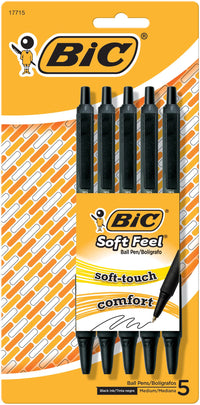BIC Soft Feel Black Retractable Ballpoint Pens, Medium Point (1.0mm), 5-Count Pack, Black Pens With Soft-Touch Comfort Grip Black, Medium Point 5 Count (Pack of 1)