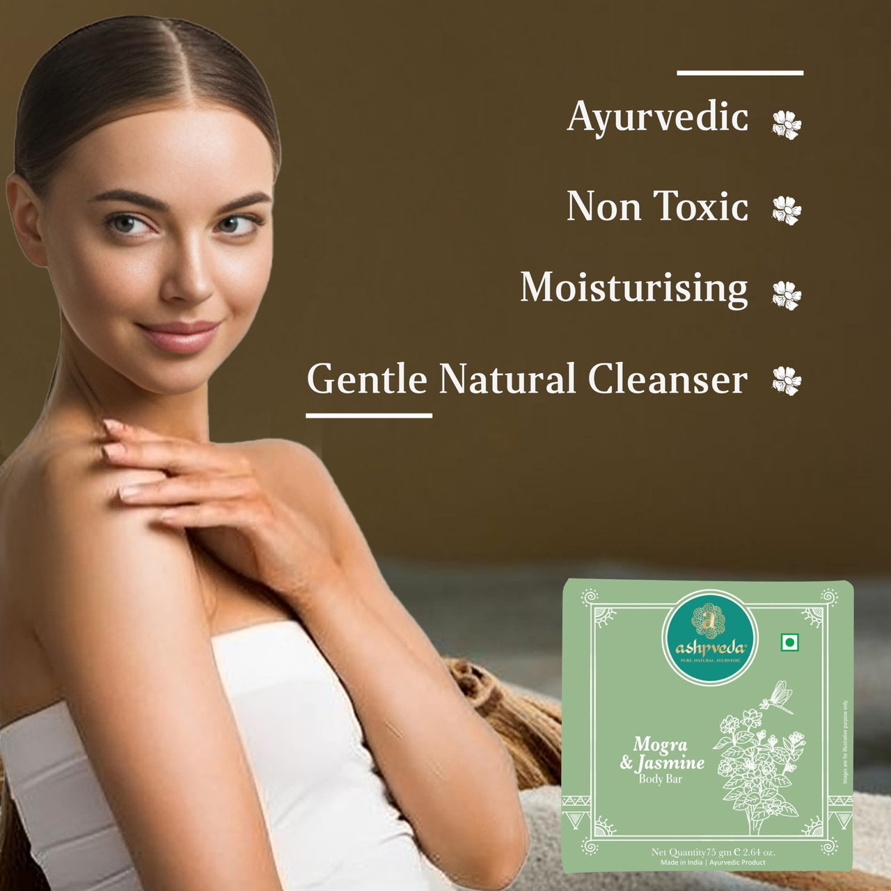 Ashpveda Ayurvedic Jasmine & Mogra Bath Soap Herbal Cleanser, Gentle Skin Care, Natural Scent, Nourishing Bath Bar for Skin Brightening & Moisturizing, 75gm