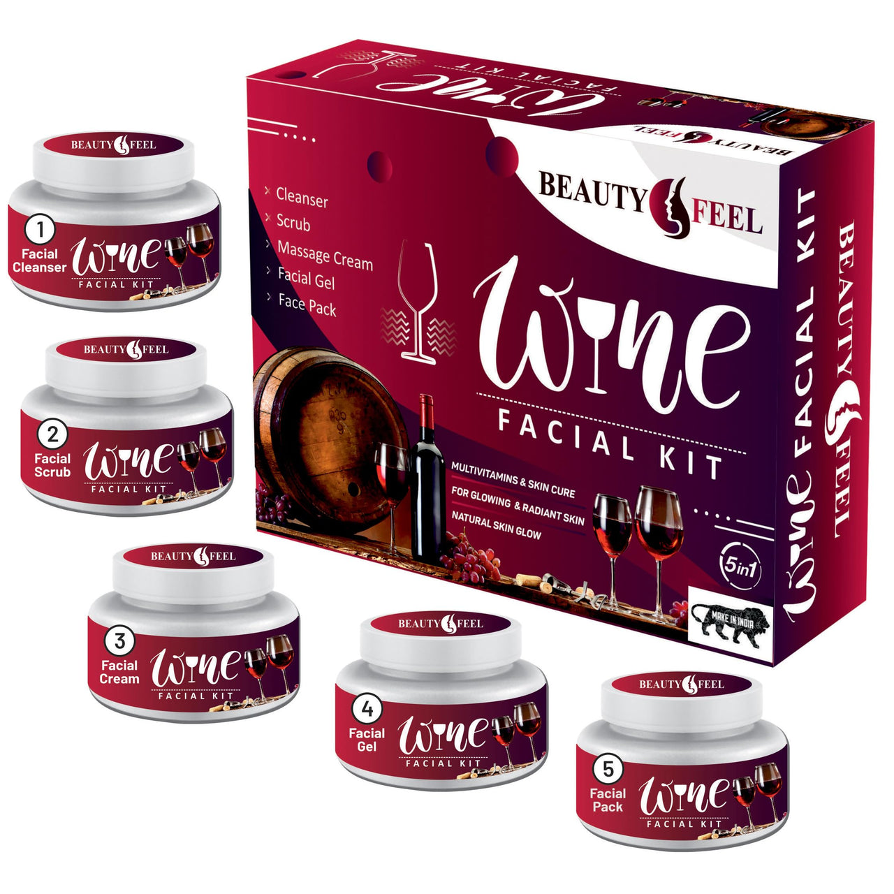 Beauty Feel Professional Red Wine Facial Kit For Facial, Cleanser + Scrub + Massage Cream + Facial Gel + Face Pack [Set of 5] 180 gm