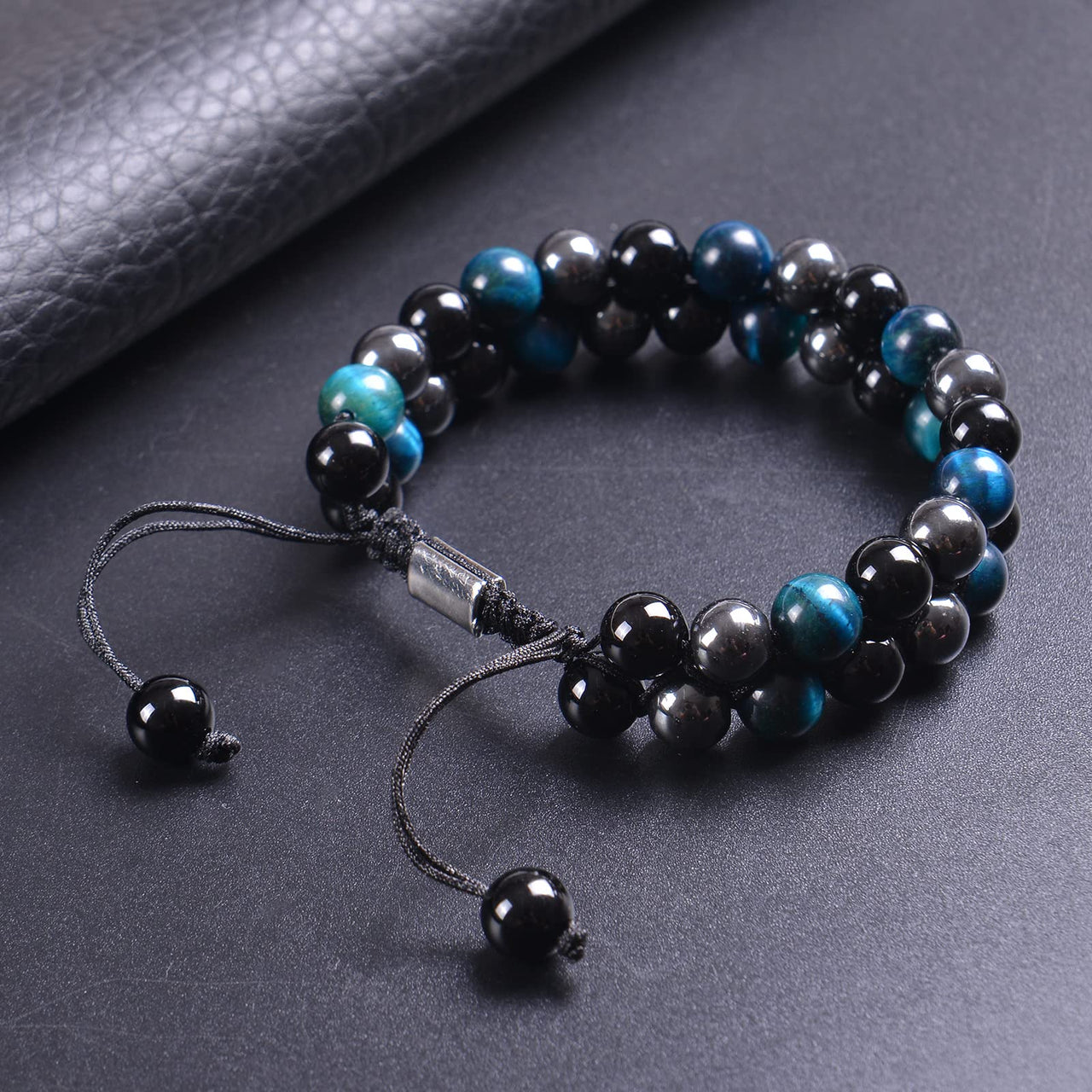 DHQH Triple Protection Bracelet 8/10MM Hematite Black Agate Tigers Eye Stone Bracelet Healing Crystal Natural Stone Bead Bracelets for Men Bring Prosperity Luck B-Blue Triple Bracelet 2
