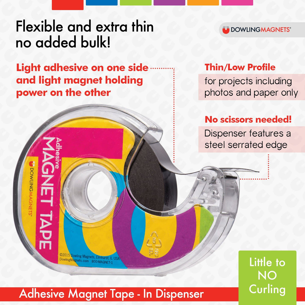 Adhesive Magnet Tape (1 roll - .75 inch wide x 25 feet long) in dispenser, extra thin, black/dark gray