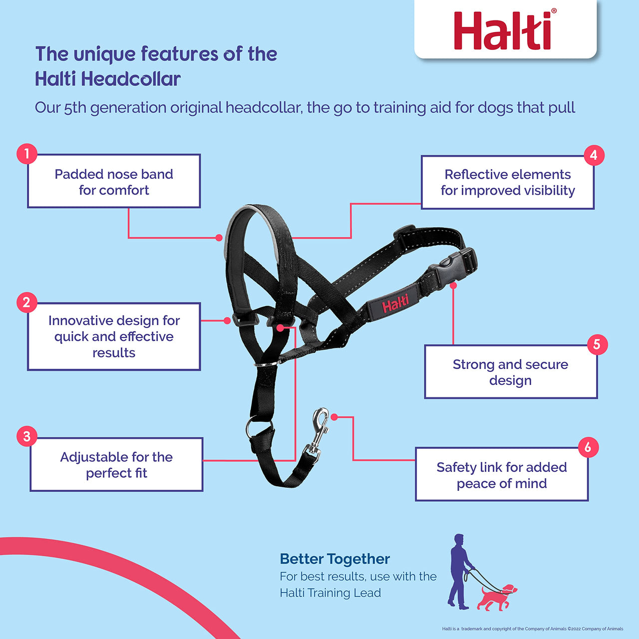 HALTI Headcollar - To Stop Your Dog Pulling on the Leash. Adjustable, Reflective and Lightweight, with Padded Nose Band. Dog Training Anti-Pull Collar for Medium Dogs (Size 2, Black)