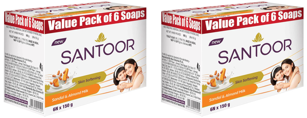 Santoor Sandalwood and Almond milk Organic Soft Bath Soap for Softer, Smoother and Moisturised Skin, Combo Offer 150 g pack of 12